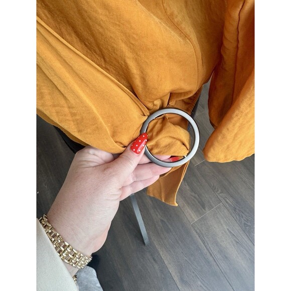 Express Mustard Yellow 3/4 Sleeve Silky Wrap Front Blouse Size Medium - Picture 3 of 6